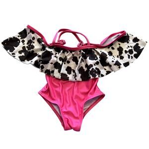 Pink + Cowprint Off Shoulder Kids One Piece Swimsuit Size 0-3 Mo